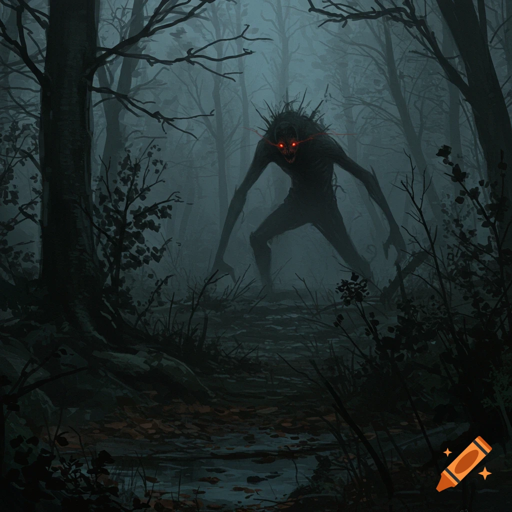 A gaunt, dark monster with glowing red eyes stands menacingly in a dark, foggy forest path.