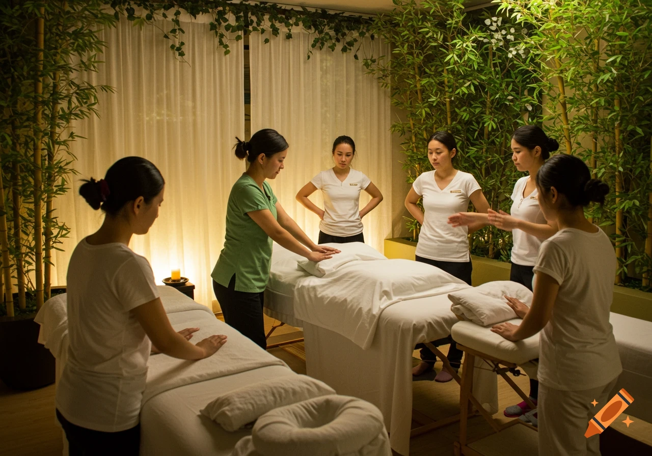 Women in uniforms preparing massage tables in a warm-lit spa room with bamboo plants.