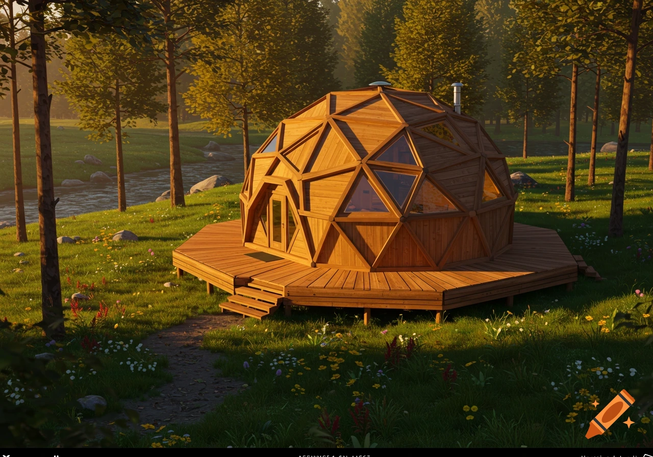 A wooden geodesic dome house on a platform next to a river in a sunlit forest.