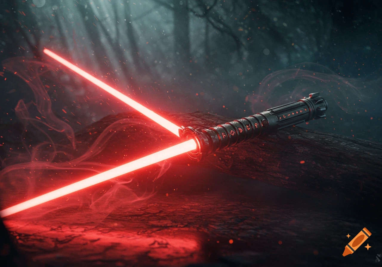 A red double-bladed lightsaber with glowing blades rests on a dark, misty forest floor, surrounded by red smoke.