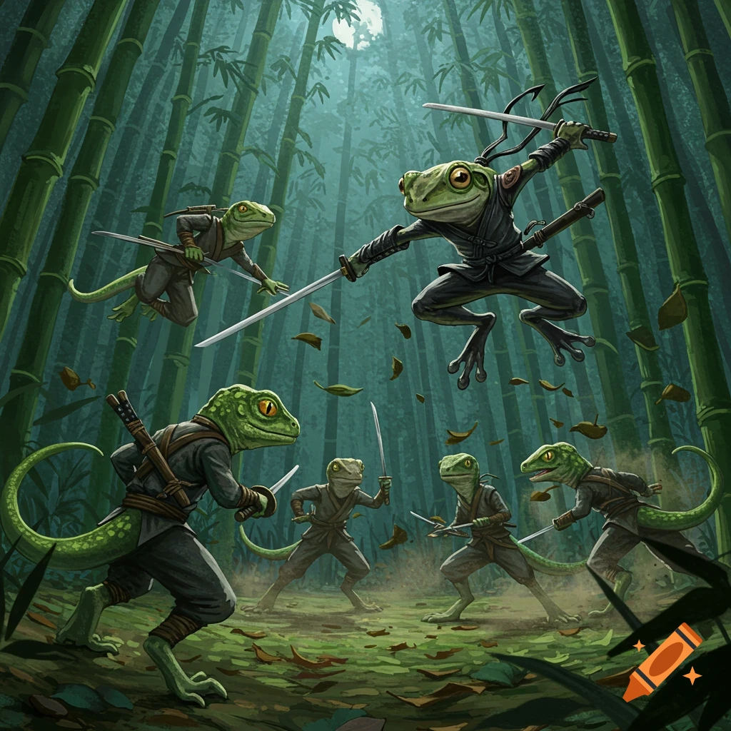A ninja frog battles multiple ninja lizards with swords in a moonlit bamboo forest, detailed digital art.