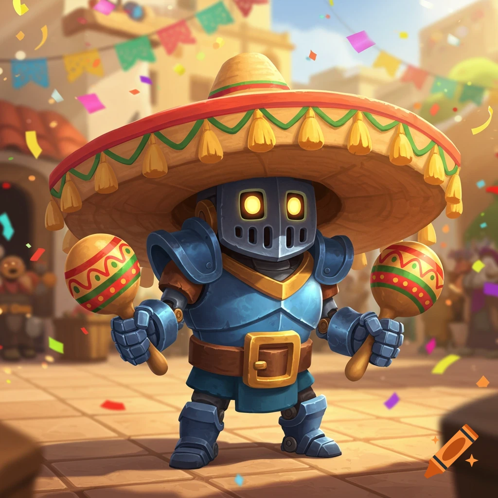 A cartoon blue robot in armor, resembling a Mini Pekka, wears a large sombrero and holds two maracas in a festive village.