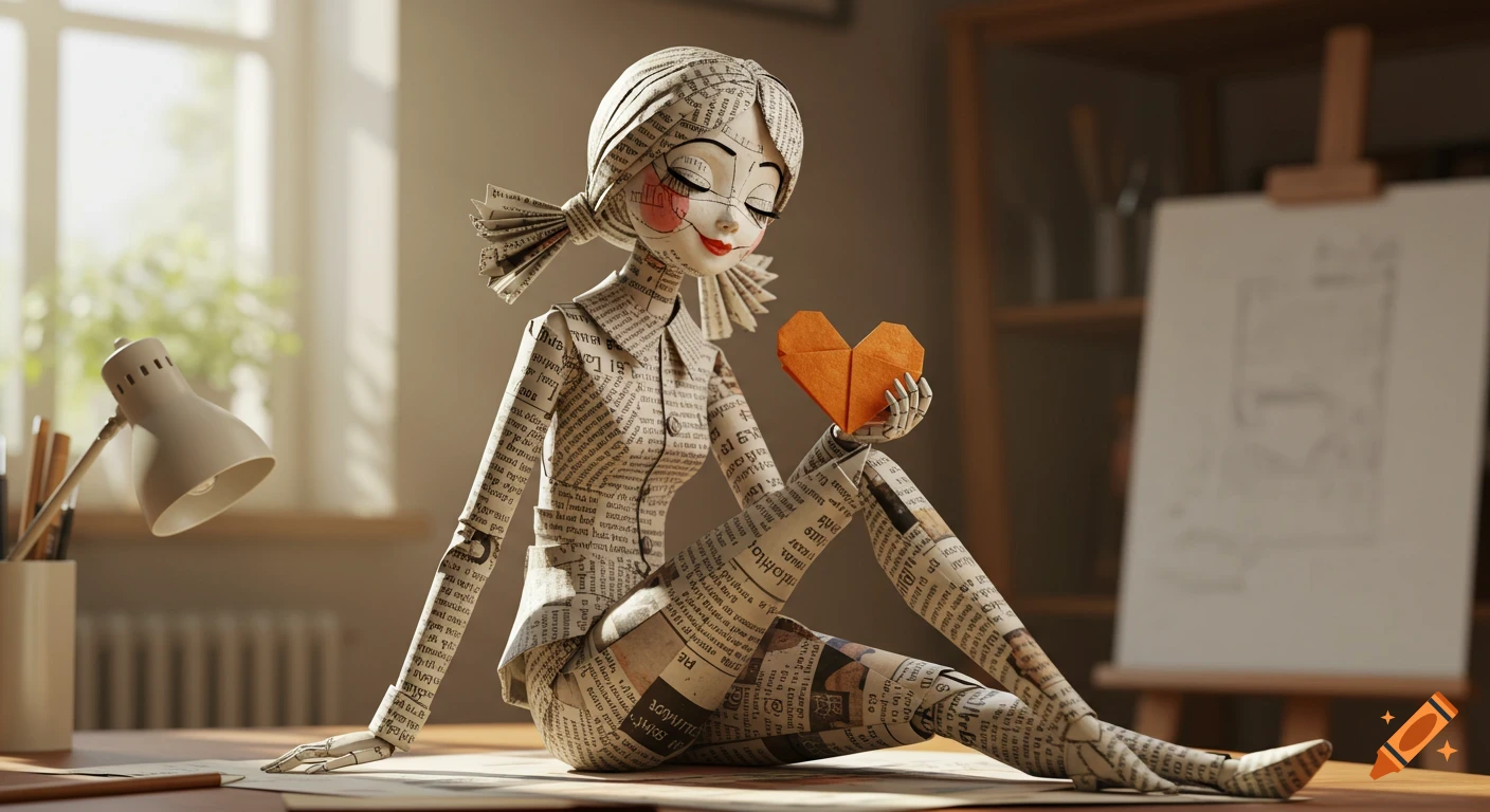 A charming origami doll made from newspaper, with pigtails and a skirt suit, sits on a desk holding an orange paper heart in a sunlit artist's studio.