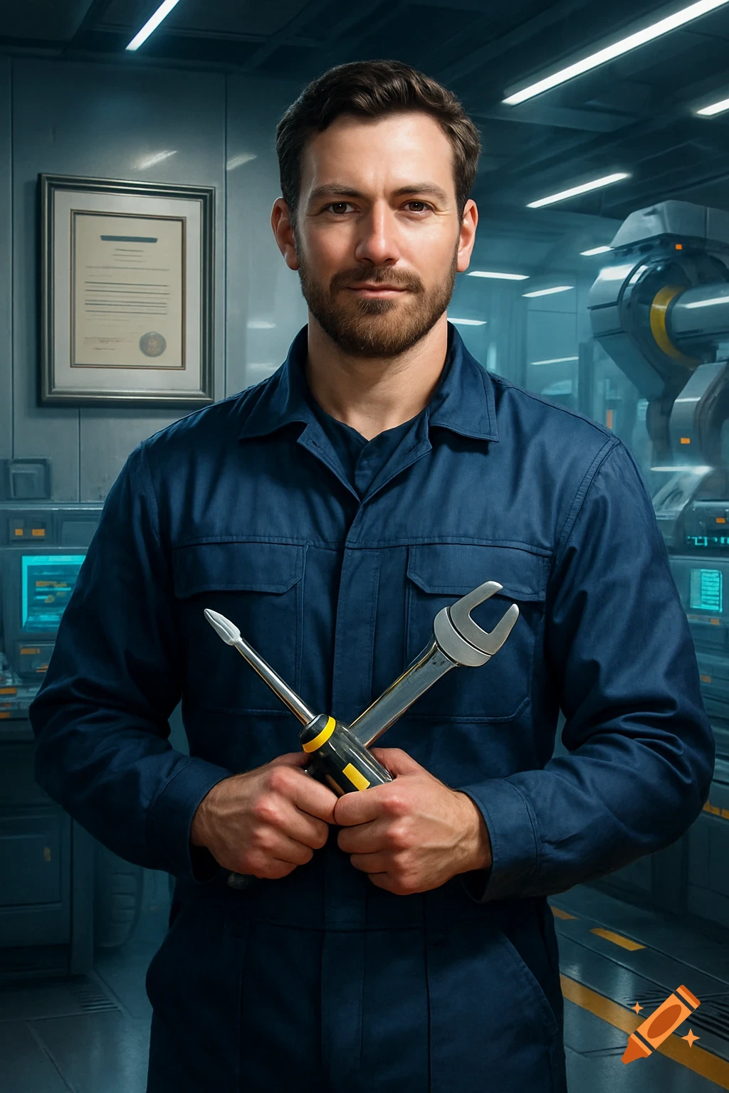 A smiling male technician in a blue jumpsuit holds a screwdriver and wrench in a futuristic workshop.