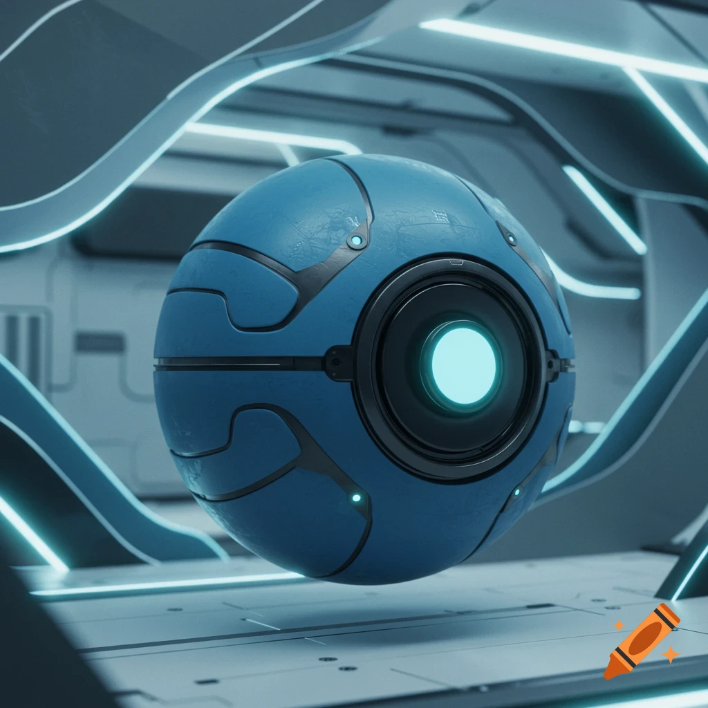 A blue, spherical, futuristic robot with a glowing blue eye, set in a minimalist sci-fi environment with neon light accents.