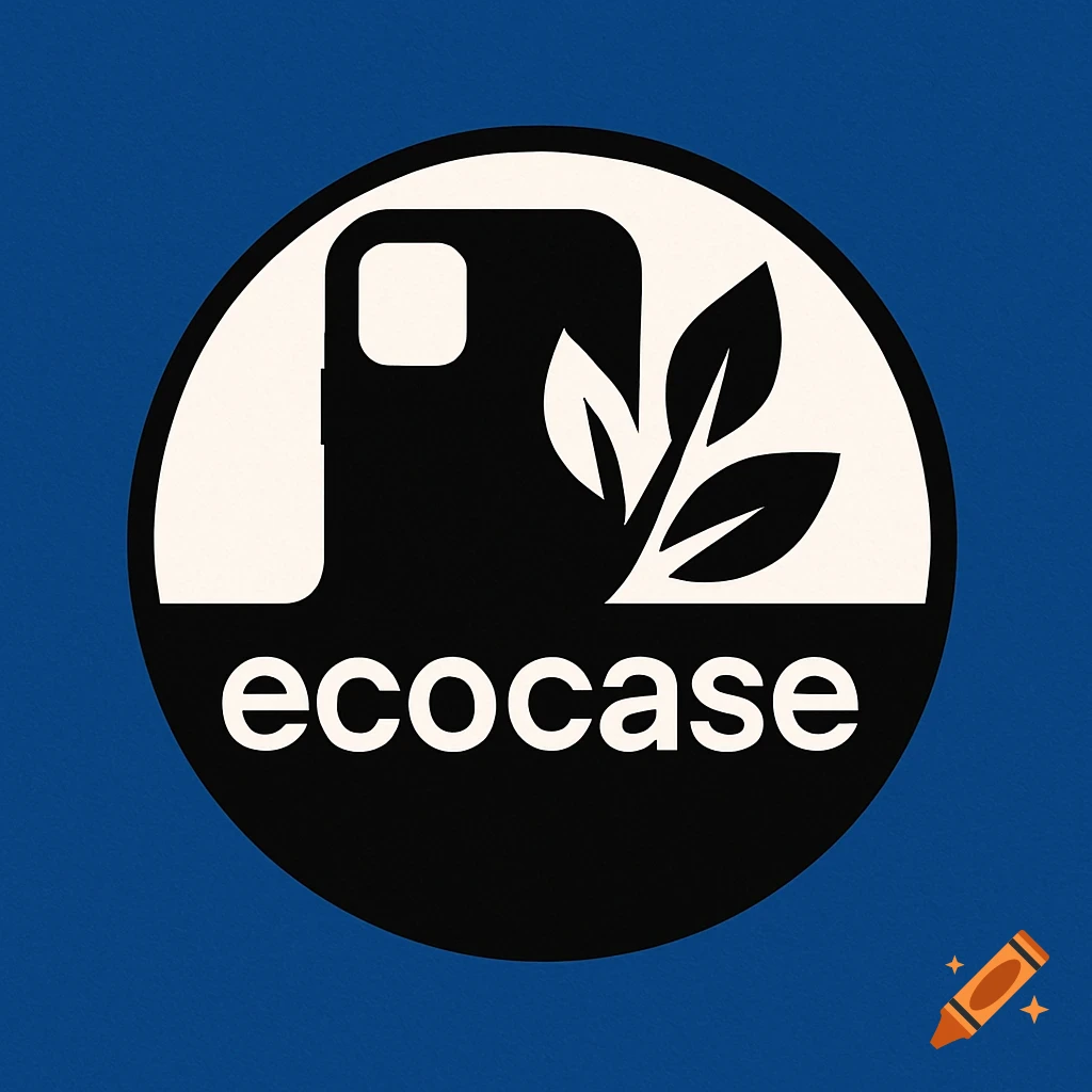 A round blue, black, and white logo featuring a phone case, leaves, and the text 'ecocase'.