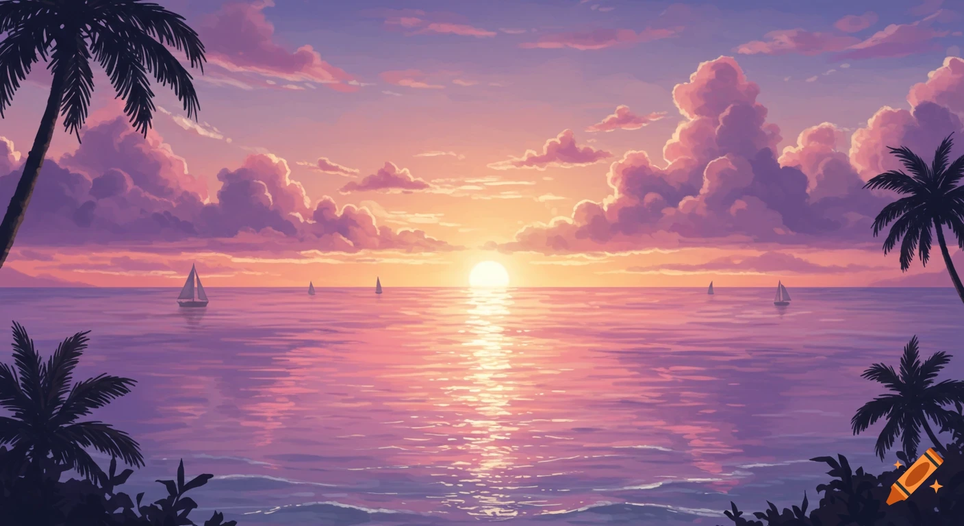 Vibrant digital art of a tropical sunset over the ocean with palm trees framing the view and sailboats on the water.