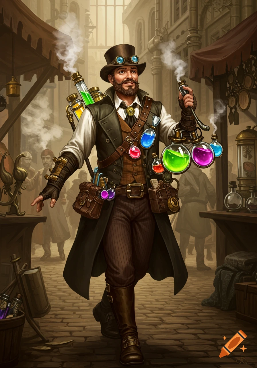 A smiling steampunk potion vendor, wearing a trench coat and goggles, walks through a bustling market holding bubbling flasks of colorful liquids.