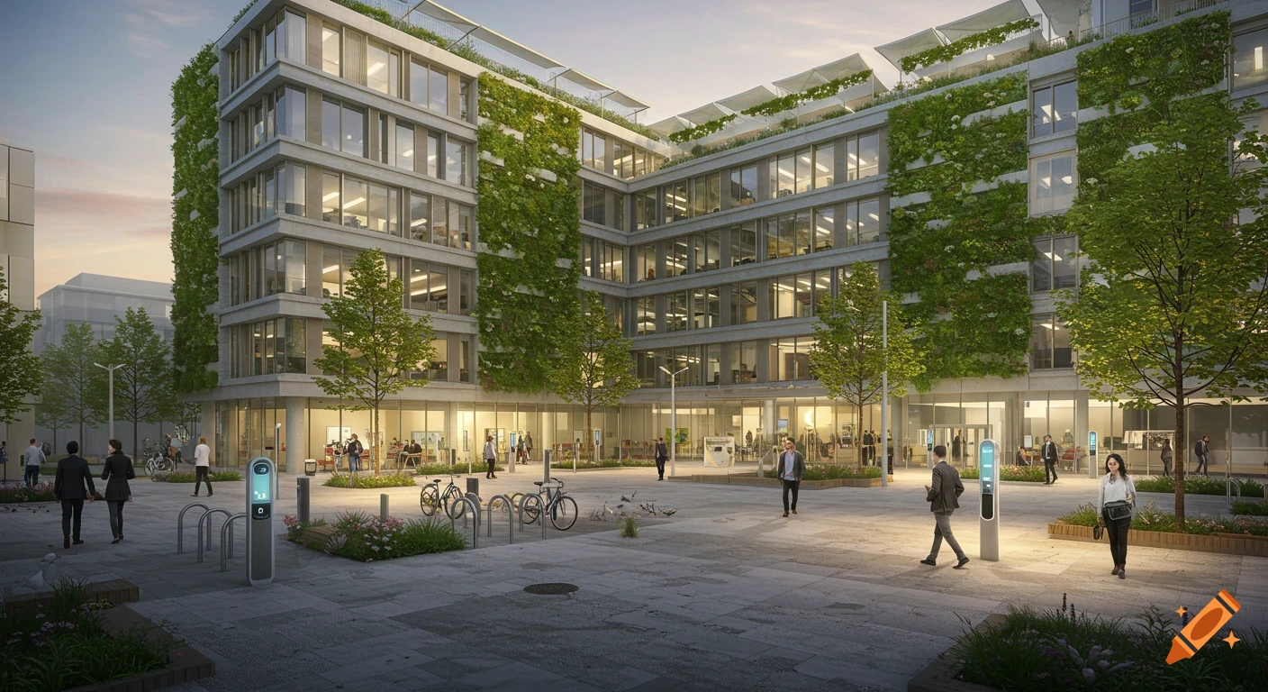 A modern, green office building with people walking through an urban plaza with bike racks and charging stations at dusk.