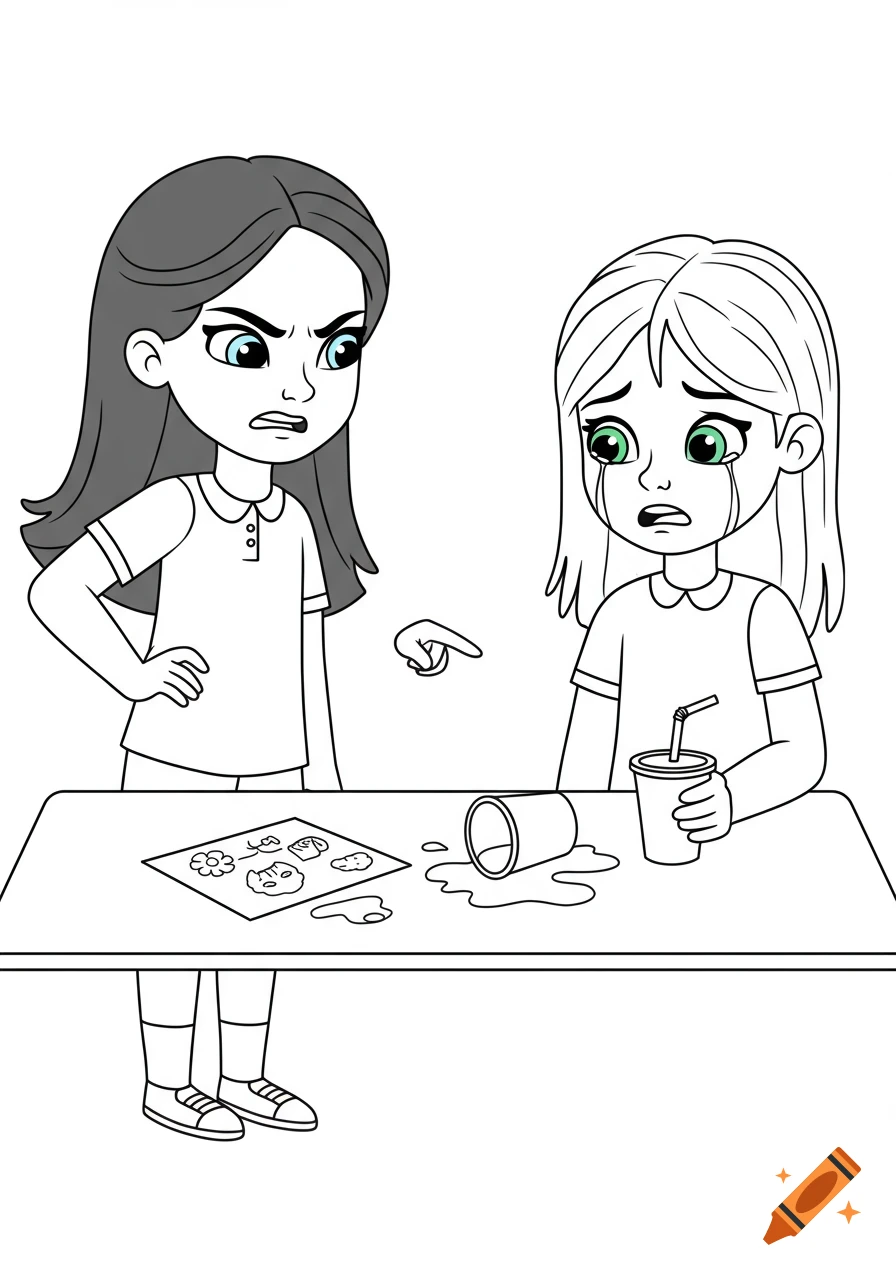Black and white line drawing of an angry girl pointing at a crying girl next to a spilled drink and drawing on a table.