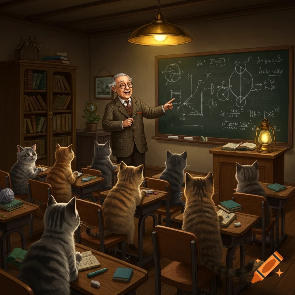 An old professor teaches a classroom of attentive tabby cats in a vintage-style classroom with a blackboard and bookshelves.