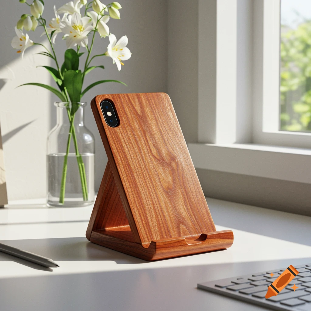 A wooden phone stand holds a smartphone with a wooden case on a desk, next to white lilies in a vase and a keyboard.