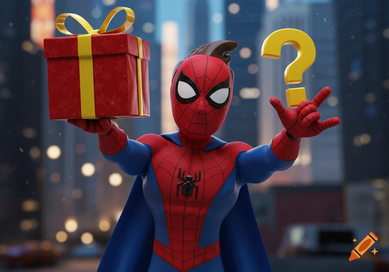 A 3D Pixar-style Spider-Man-inspired superhero holding a red gift box and a yellow question mark against a blurred city background.