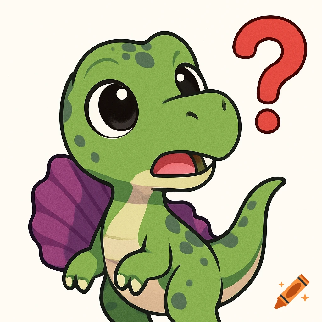 A cute chibi green and purple Spinosaurus with a questioning expression looks at a red question mark, cartoon style.