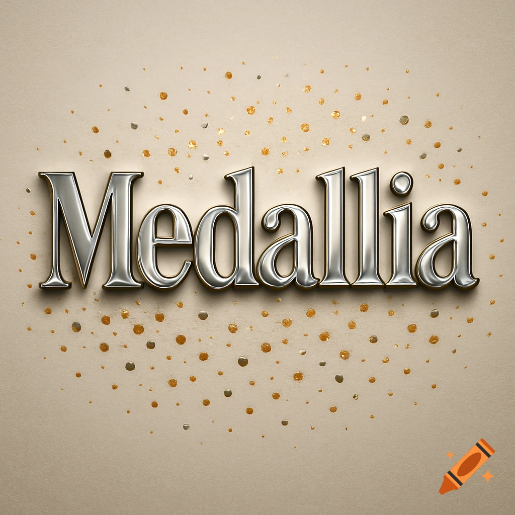 The word "Medallia" rendered in shiny silver, metallic 3D text with a subtle gold outline, set against a light beige background with scattered gold and silver confetti dots.