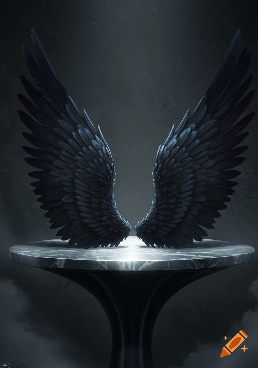 Dark, feathered angel wings resting on a circular marble table in a dim, atmospheric setting with a spotlight.