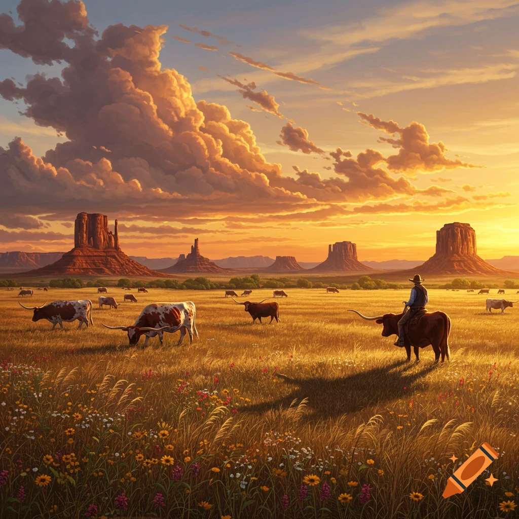 A cowboy rides a longhorn through a vast, golden field with other cattle under a dramatic sunset sky and red rock formations.