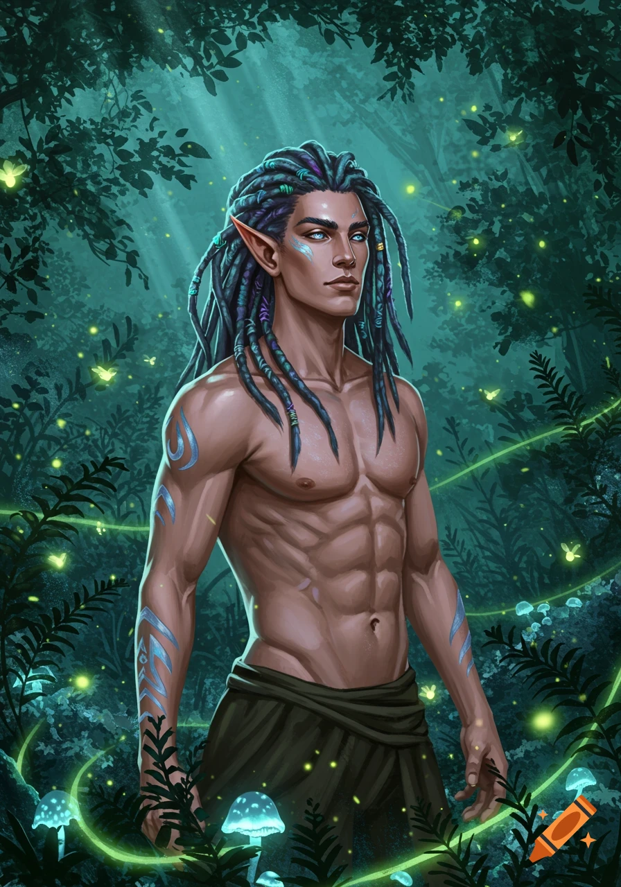 Muscular male elf with colorful dreadlocks and blue eyes stands shirtless in a magical forest with glowing mushrooms and fireflies. Digital art.
