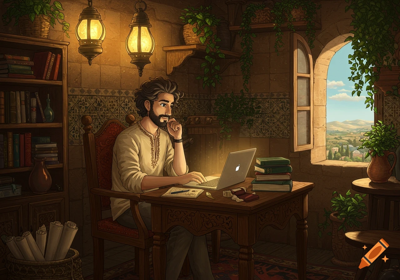 A Ghibli-style illustration of a man with a beard working on a laptop at a desk in a cozy room, with books, plants, and a window overlooking a sunny landscape.