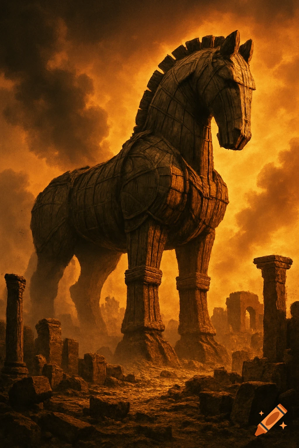 A gigantic wooden Trojan horse stands amidst ancient ruins under an ominous orange sky, rendered in a dramatic, epic style.