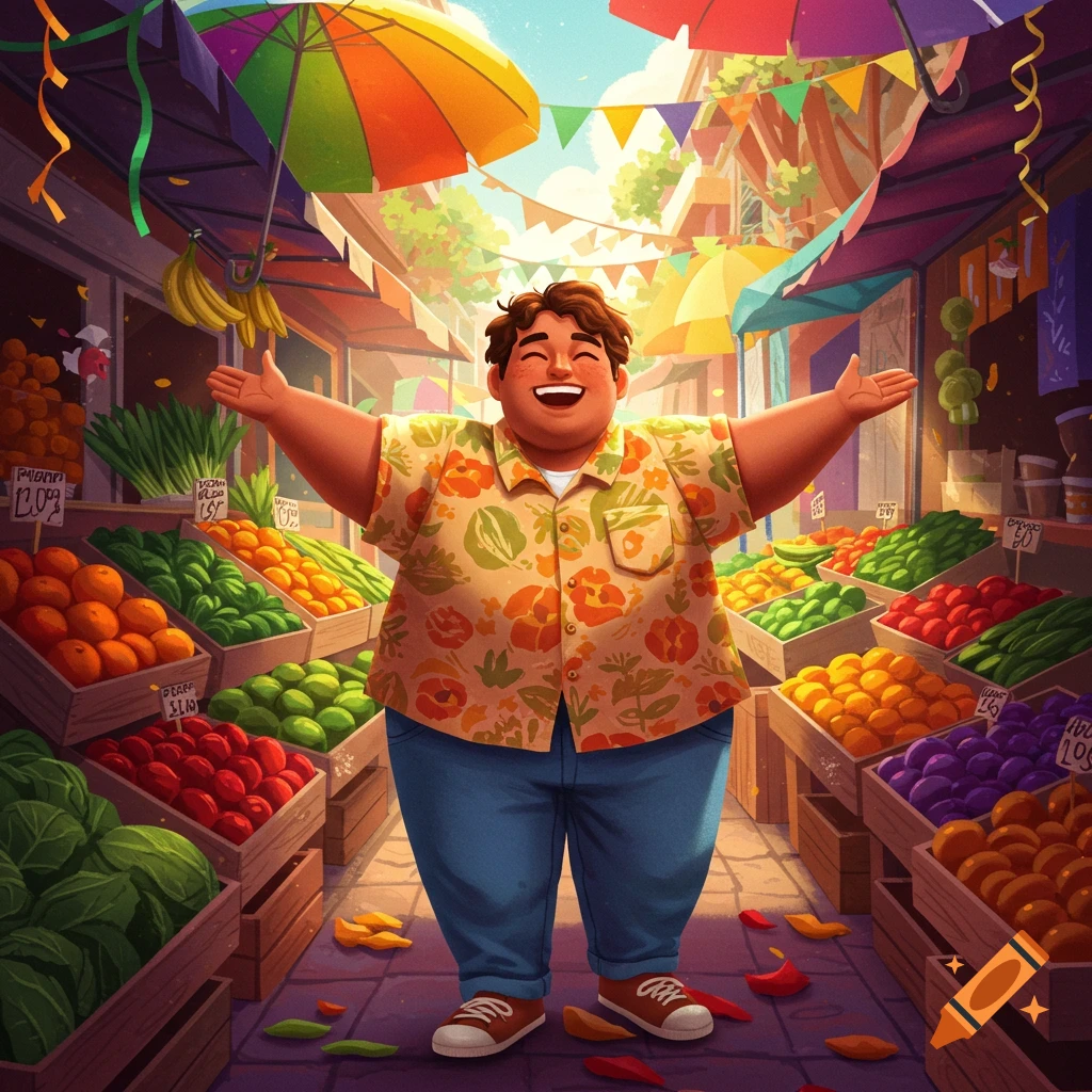 A happy, rotund person with open arms smiles in a colorful outdoor fruit market, surrounded by fresh produce in an illustration.