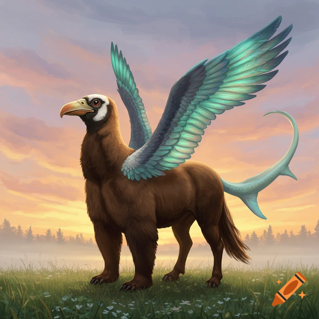 A fantasy creature with a horse body, bird head, bear paws, blue-green wings, and shark tail in a grassy field at sunset.