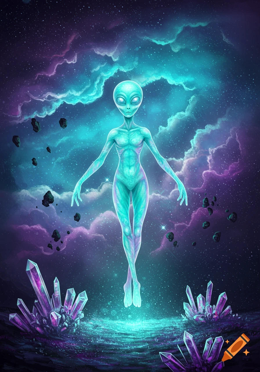 A glowing teal and purple alien figure with large eyes floats in space amidst nebulae, asteroids, and crystals.
