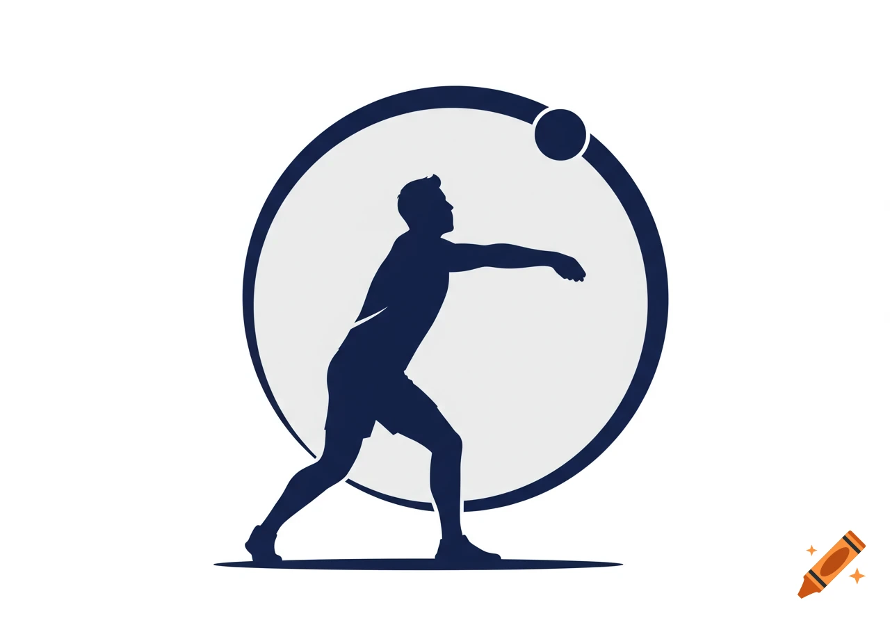 A dark blue silhouette of a person in a volleyball receiving stance within a light gray circle, with a ball above.