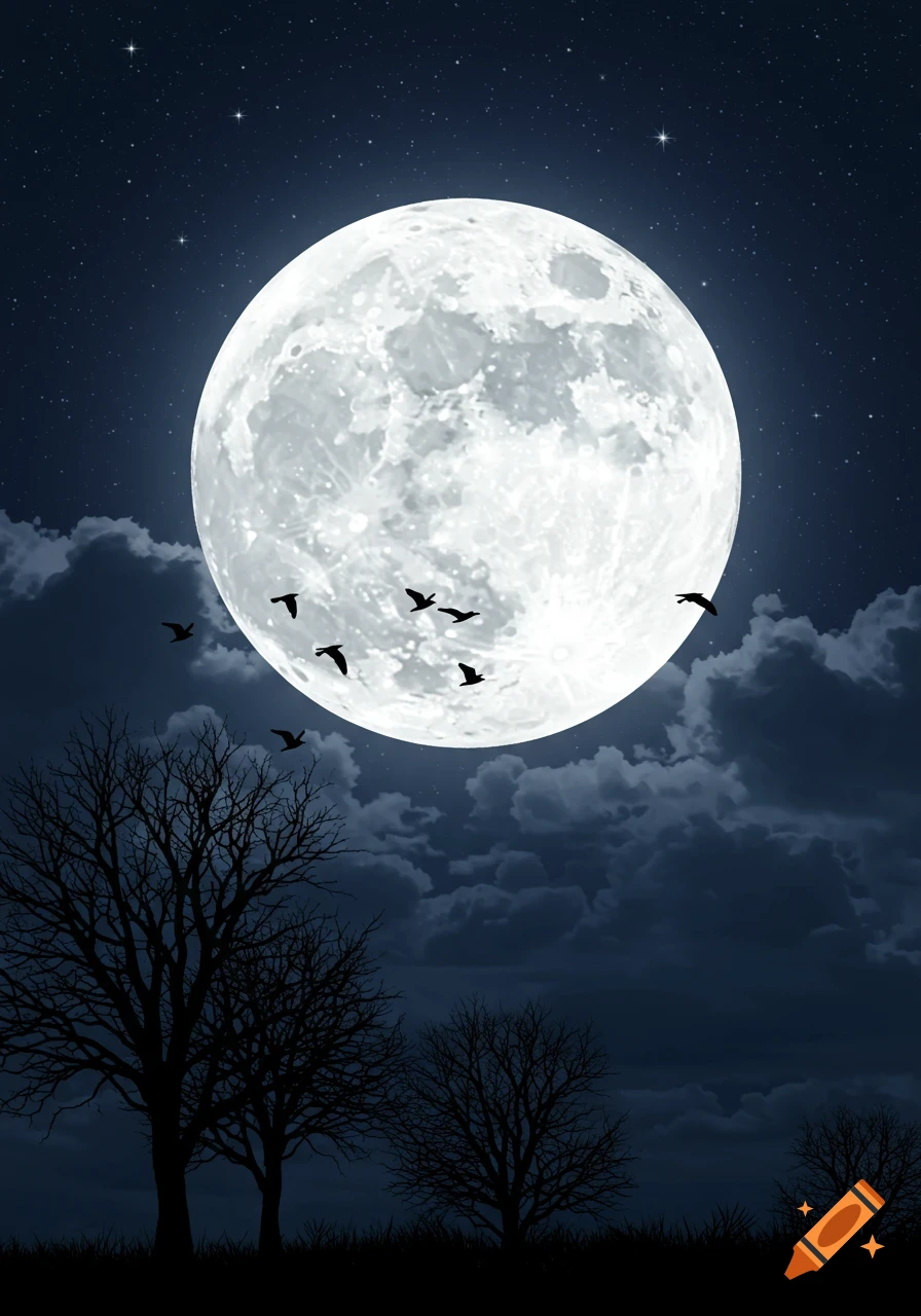 A dramatic night scene with a large, bright full moon in a starry sky, silhouetted bare trees, and birds flying past the moon.