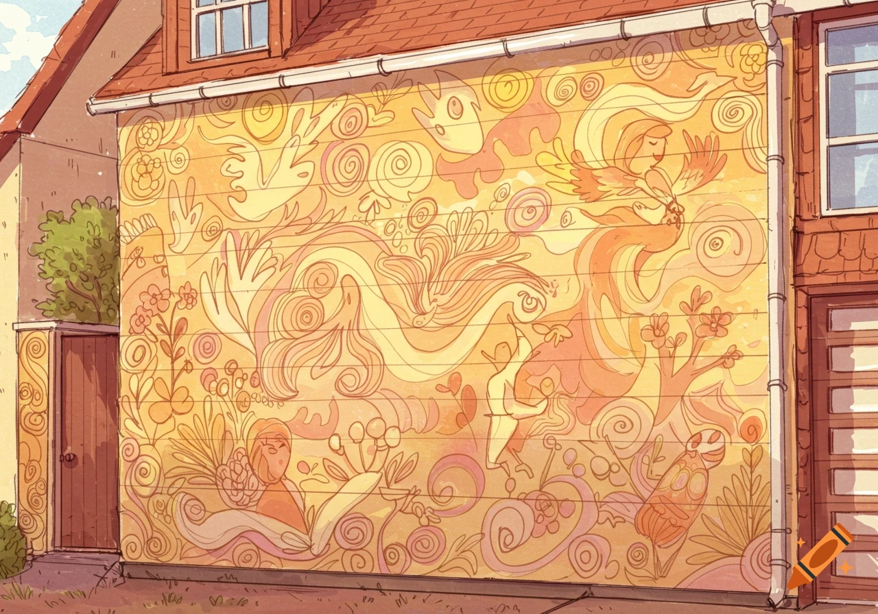 Warm-toned illustration of a house wall covered in an abstract mural with stylized figures, swirls, and organic shapes.