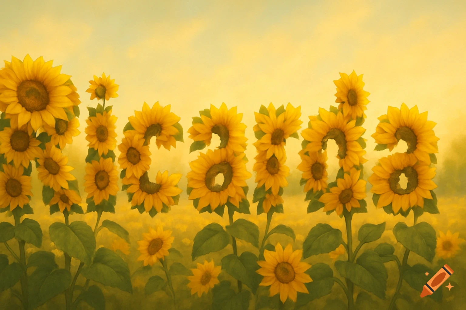 The word Ricarda formed by bright yellow sunflowers standing in a field under a hazy yellow sky, in a painterly style.
