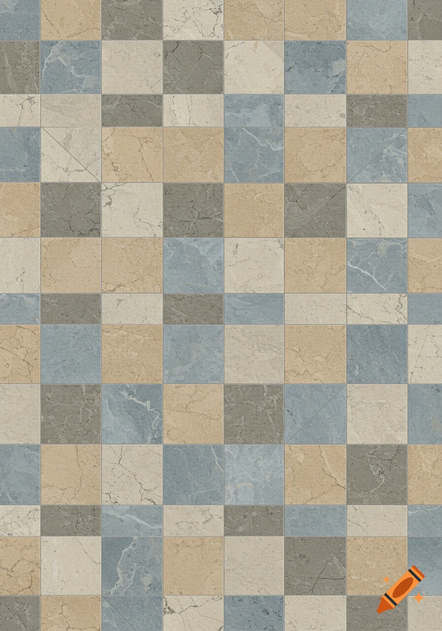 A seamless checkerboard pattern of square tiles in varying shades of blue, beige, and gray marble.