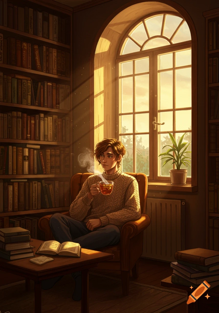 An illustrated man in a sweater sits in an armchair, drinking tea by a sunlit window in a cozy library.