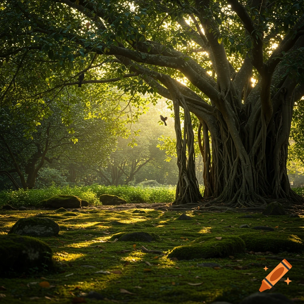 Photorealistic image of a sunlit forest with a large, gnarled tree, mossy ground, and dappled sunlight filtering through leaves.