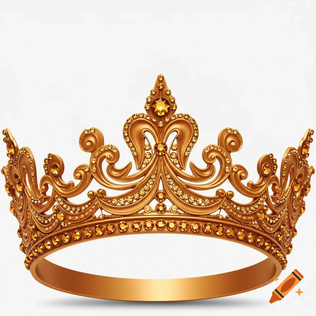 A richly detailed golden crown adorned with many amber-colored gems, set against a pure white background.