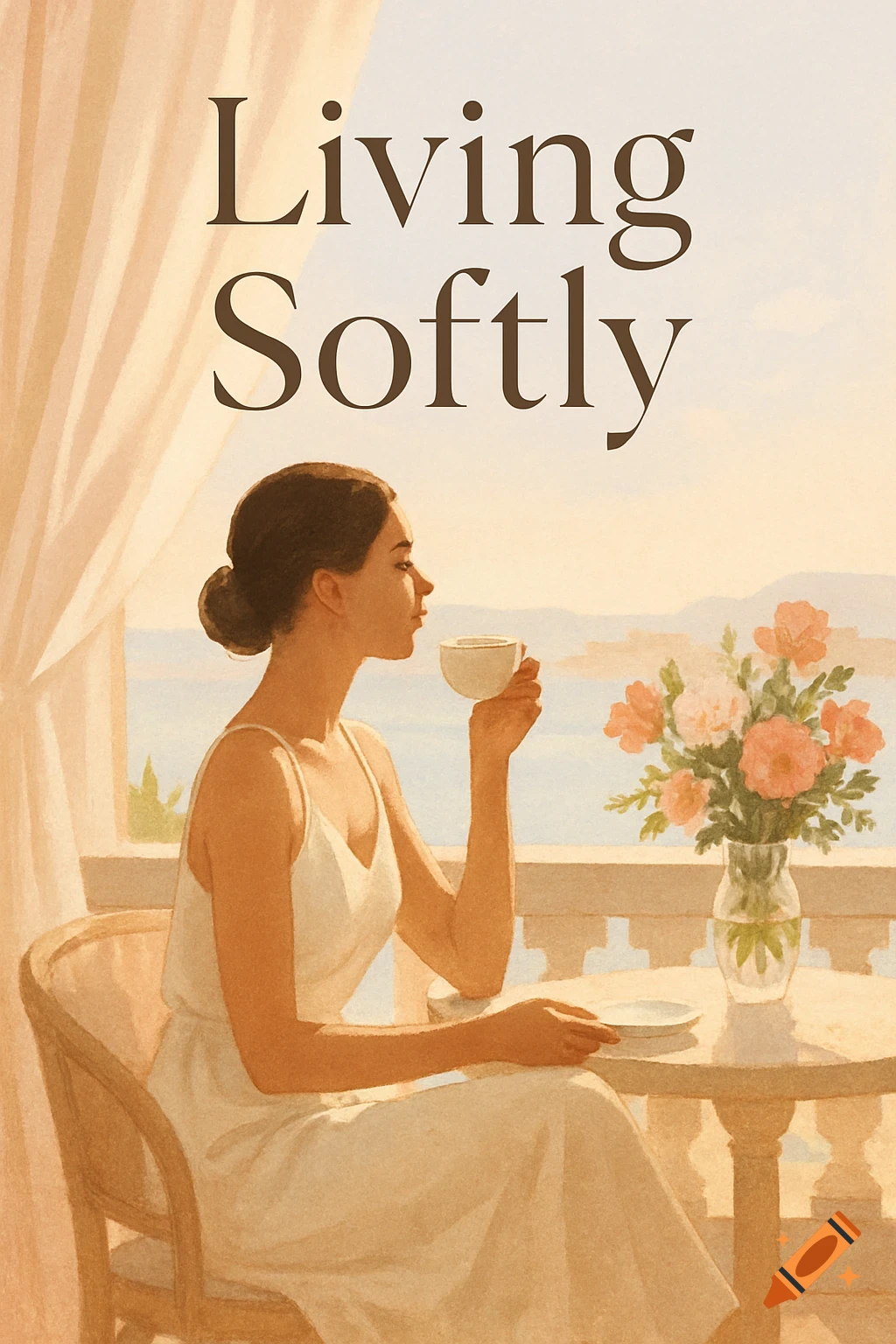 A woman sips coffee on a balcony overlooking the sea with flowers, title "Living Softly" above, in a painterly style.
