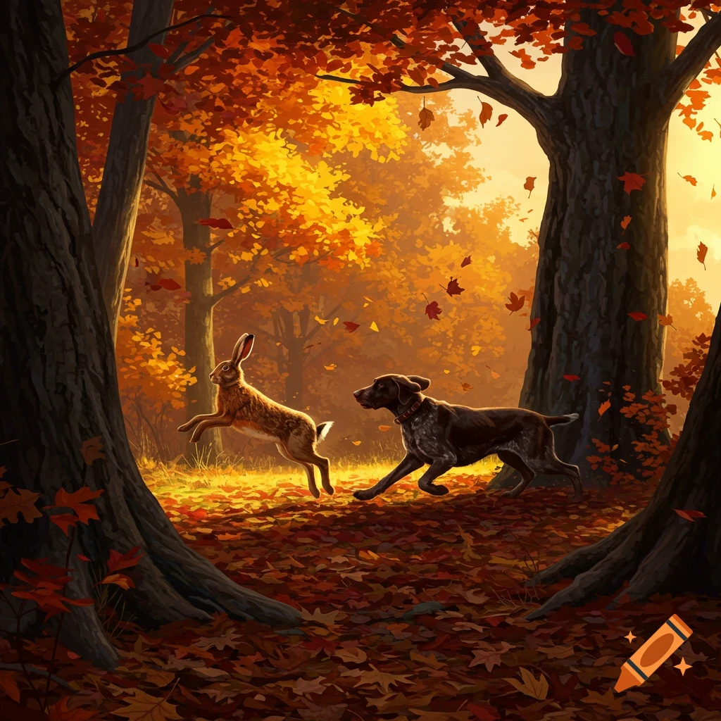 A hare leaps as a dark-spotted hunting dog chases it through a vibrant autumn forest with falling orange leaves.