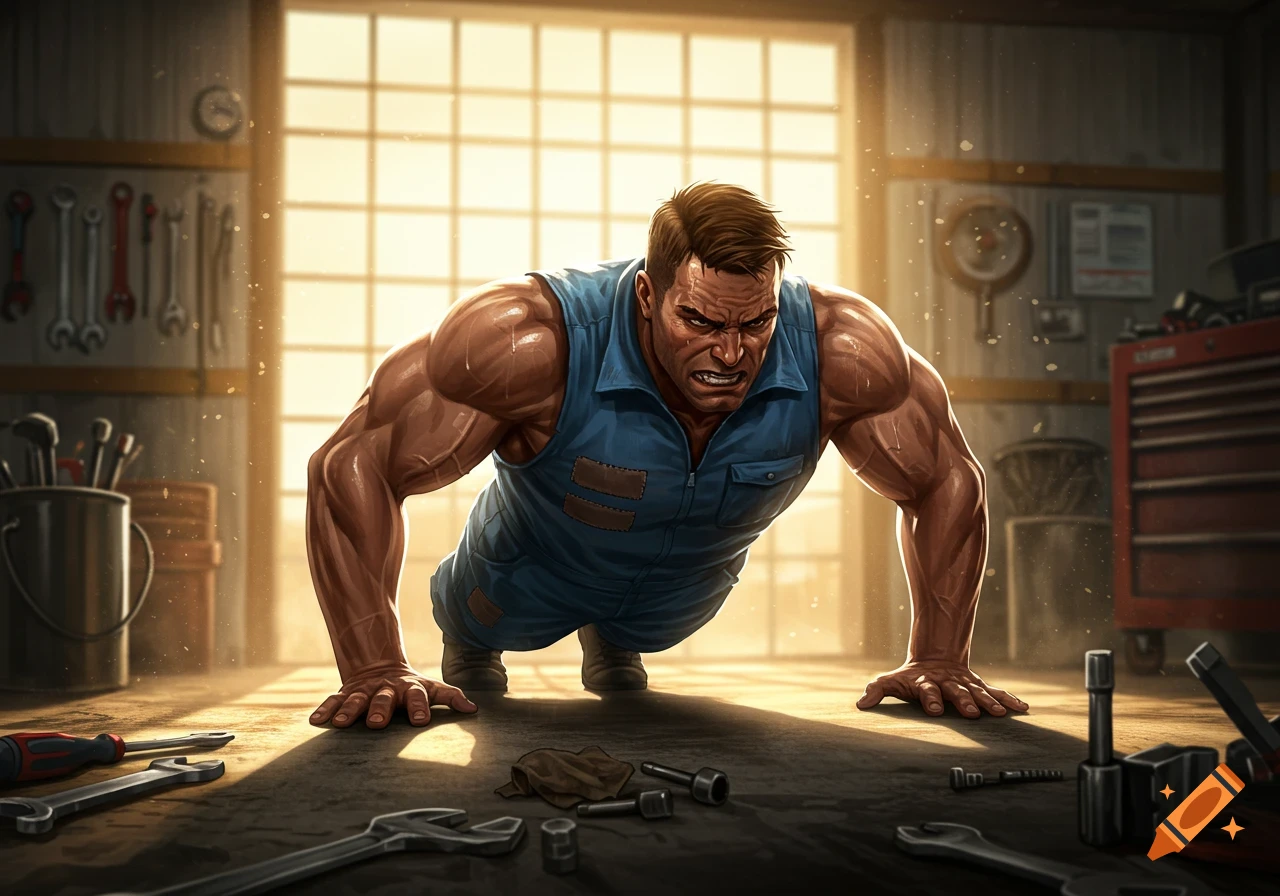 Muscular man in a blue sleeveless jumpsuit doing push-ups in a sunlit workshop, surrounded by tools.