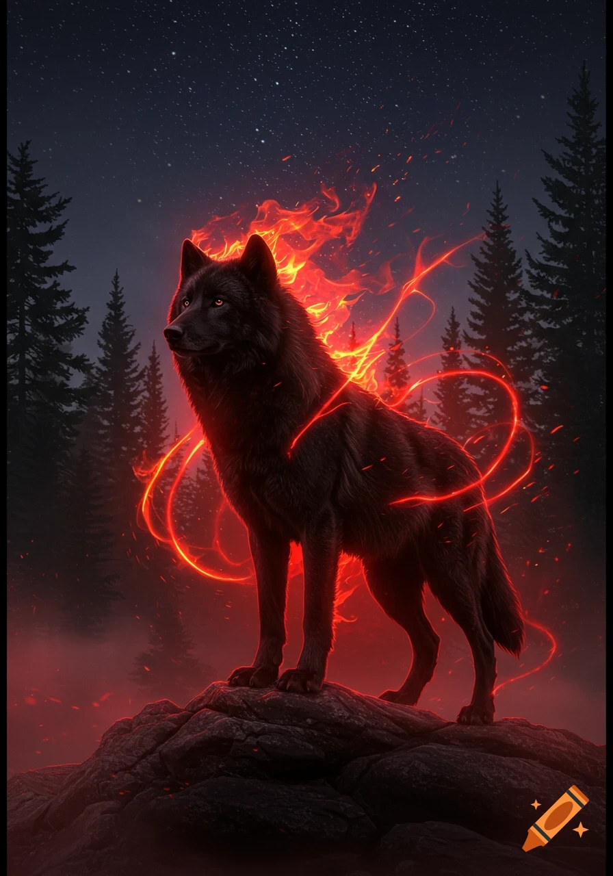 A black wolf stands on a rock in a dark forest at night, surrounded by bright red fire and glowing energy under a starry sky.