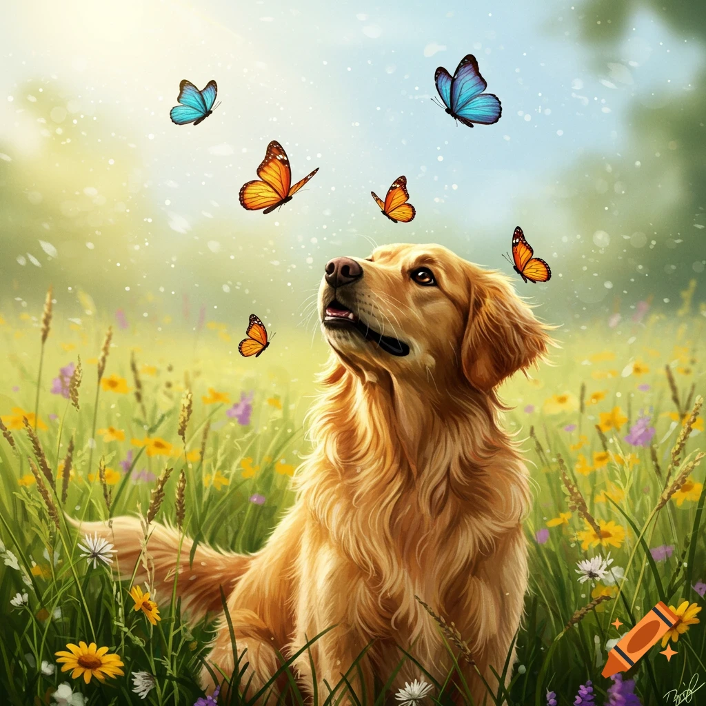 A golden retriever sits in a sunny wildflower field, looking up at several colorful butterflies flying overhead.
