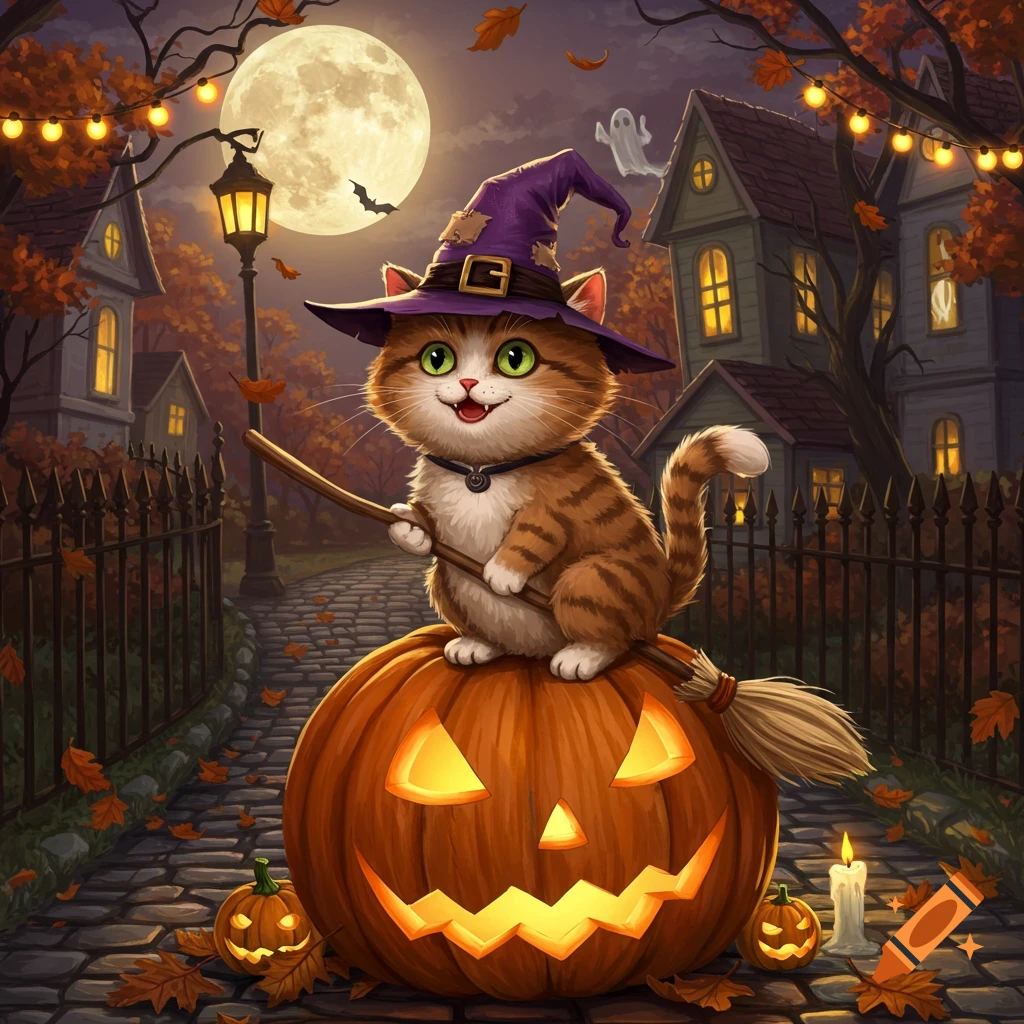 A cute striped cat in a witch hat sits on a jack-o'-lantern holding a broomstick in a festive Halloween village under a full moon.