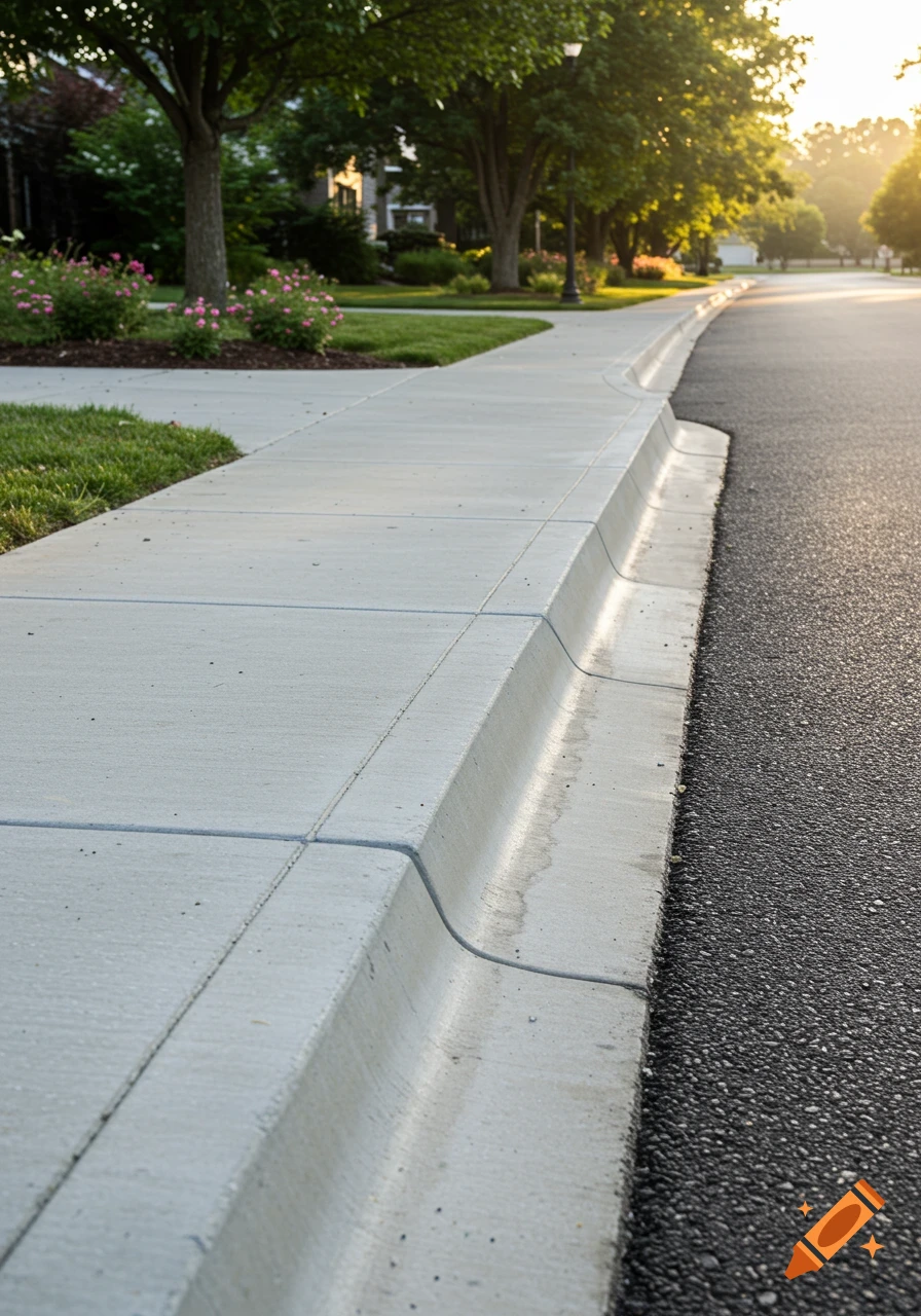 Photorealistic view of a concrete sidewalk and curb next to an asphalt road, with trees and houses in the background under sunlight.
