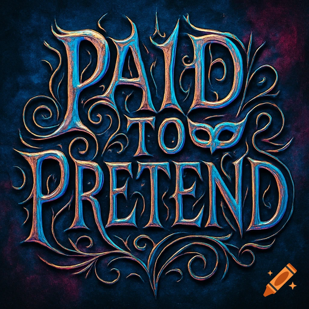 Ornate blue and gold text 'PAID TO PRETEND' with a mask and decorative flourishes on a dark background.