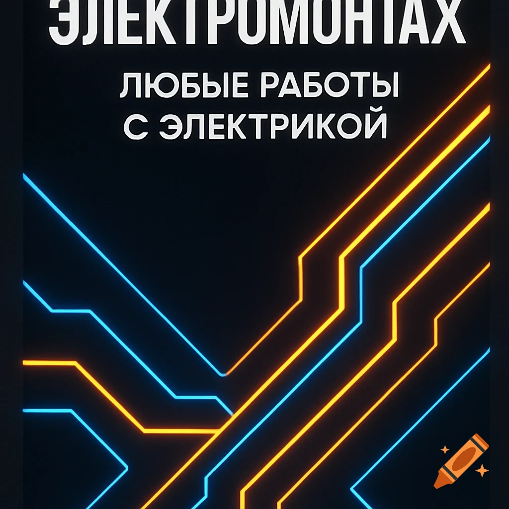 Stylized glowing blue and orange circuit lines on a dark background with Russian text for electrical services.