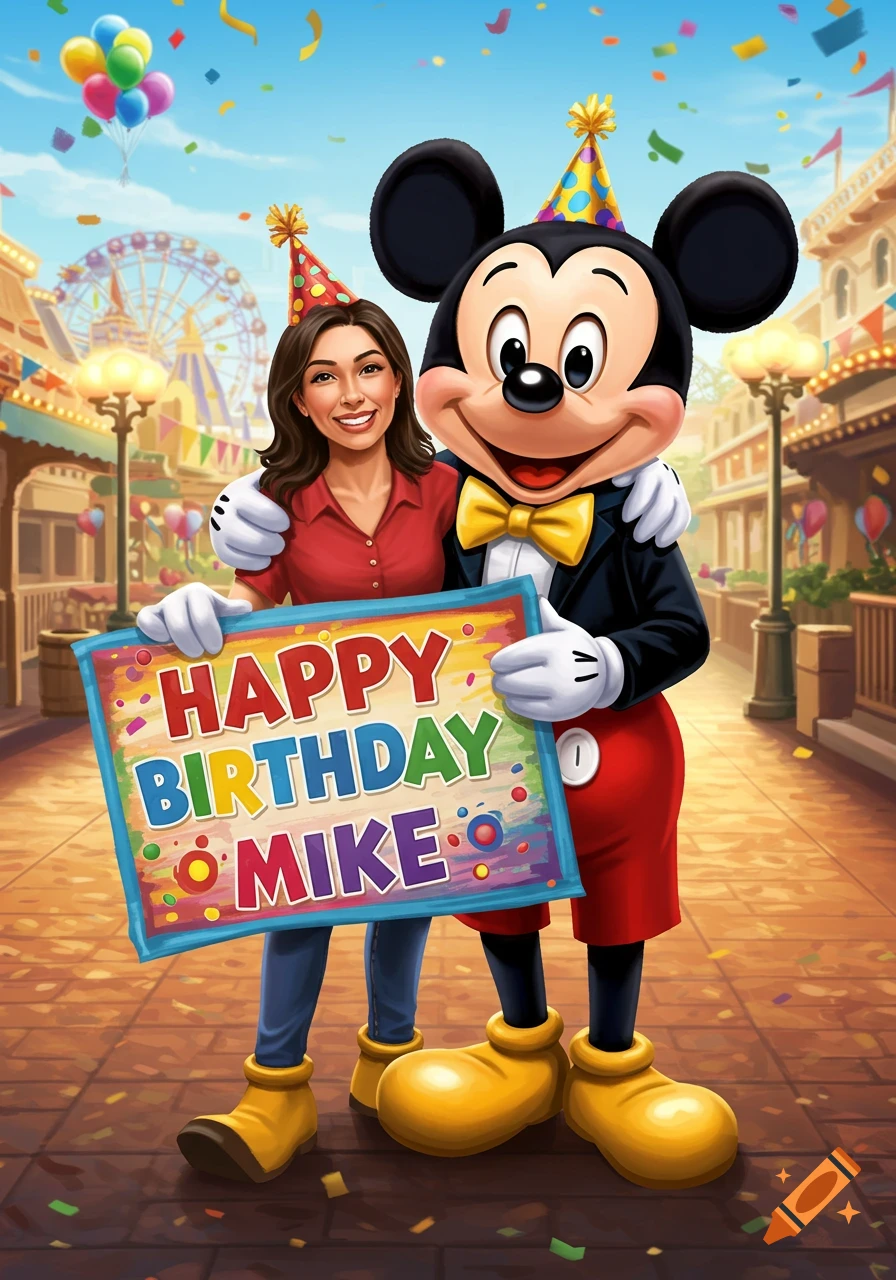 A woman and Mickey Mouse smile and hold a 'Happy Birthday Mike' sign in a vibrant, cartoonish theme park illustration with balloons and confetti.
