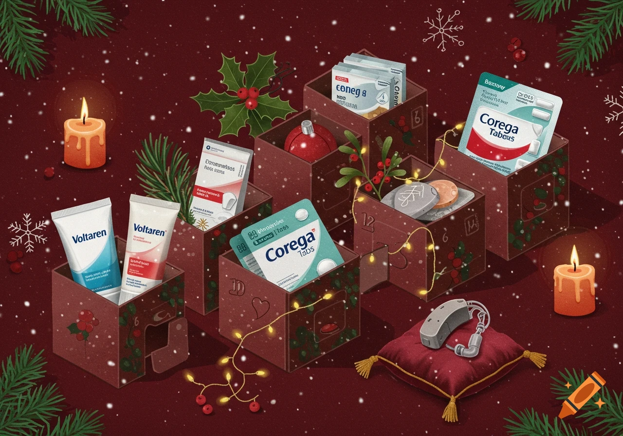 Isometric Christmas advent calendar with Voltaren cream, Corega tablets, and a hearing aid, adorned with candles, holly, pine, and snow on a red background.