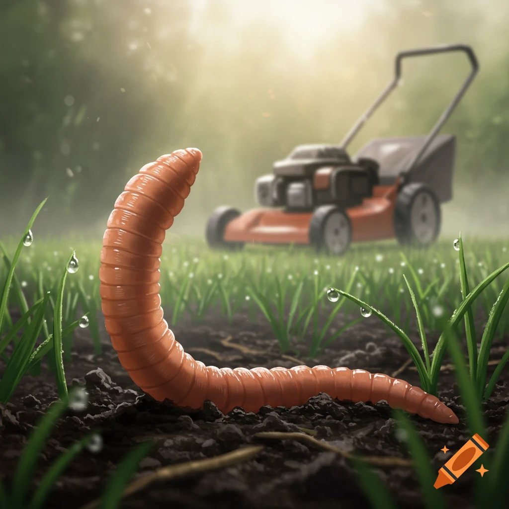 A large earthworm rises from dark soil among dewy green grass, with a blurry red lawnmower in the sunlit background.