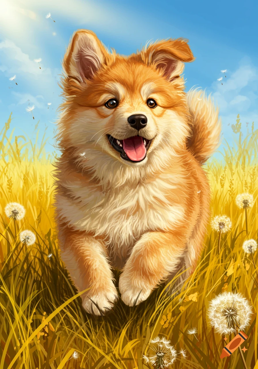 A happy, fluffy, orange-brown puppy runs through a field of dandelions under a blue sky, illustrated in a cheerful, vibrant style.