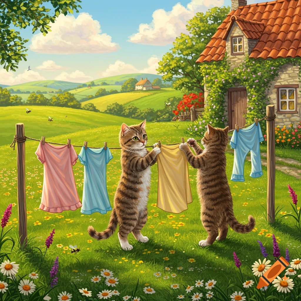 Two anthropomorphic tabby cats hang laundry on a clothesline in a sunny rural landscape with a stone cottage, illustration.
