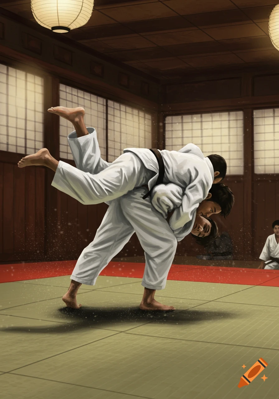 Two martial artists in white gis performing a judo throw in a traditional dojo, in a digital art style.